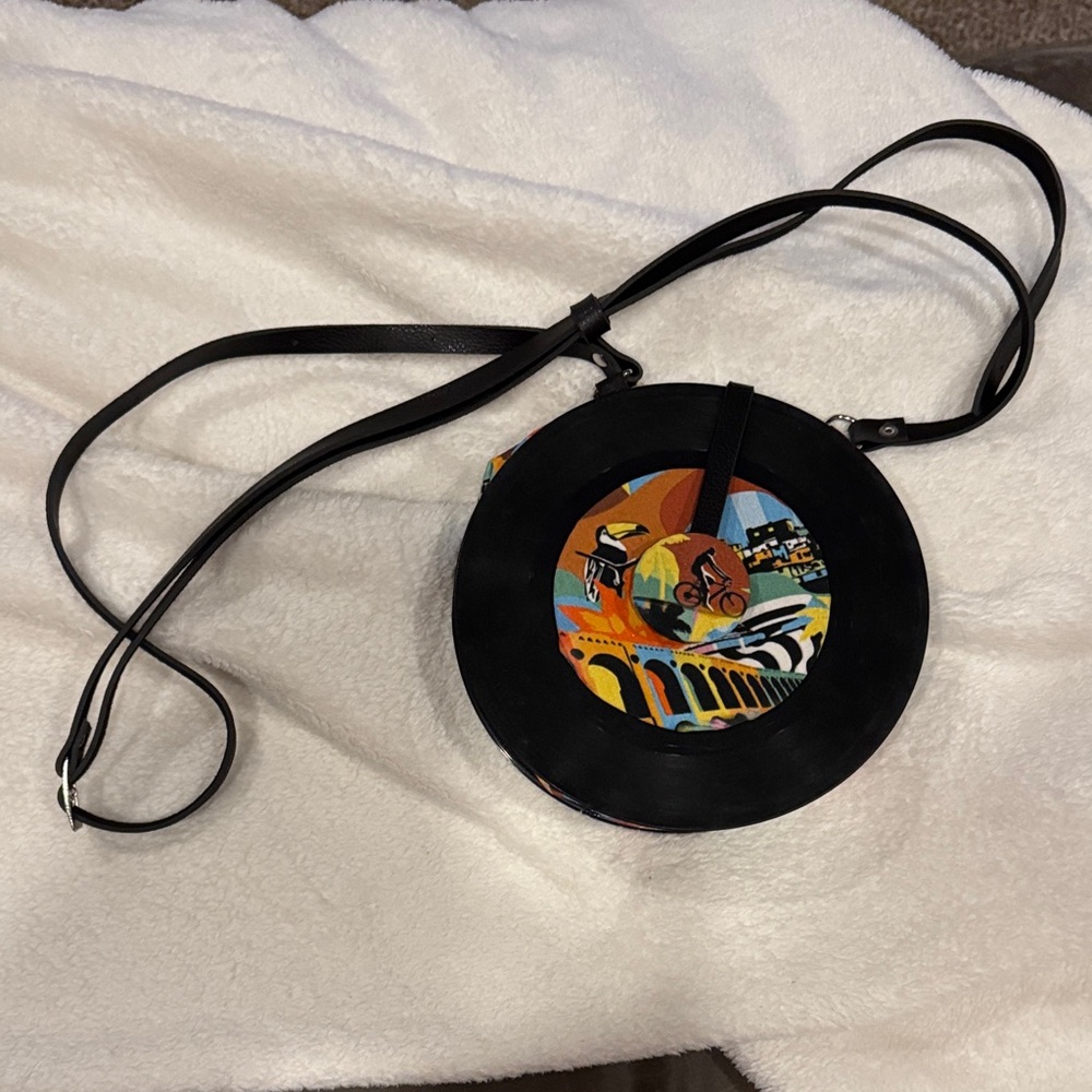 Record Retro Style Round Black Crossbody Bag with Colorful Design